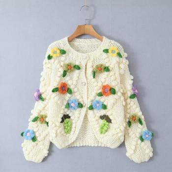 stylish slight stretch handmade floral single breasted cardigan knitted sweater