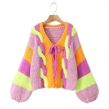 stylish slight stretch knitted striped lantern sleeve cardigan sweater