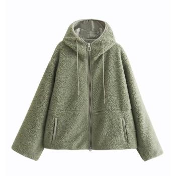 casual non-stretch solid color loose zip-up hooded berber fleece jacket