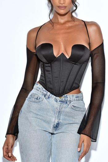 sexy slight stretch low-cut satin stiching mesh top(with boned& underwire)