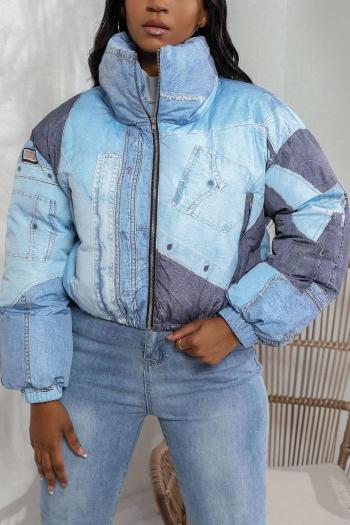 casual plus size non-stretch fake denim printing zip-up warm puffer jacket