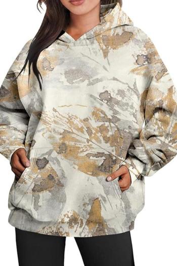 casual plus size slight stretch withered leaf printing hooded sweatshirts