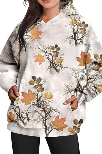 casual plus size slight stretch maple leaf branch printing hooded sweatshirts