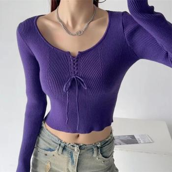 exquisite solid color stretch lace-up slim knitting crop top size run small
