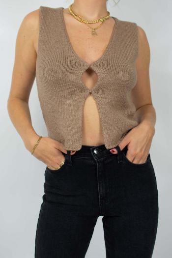 sexy slight stretch knitted v-neck metallic buckle all-match crop vest
