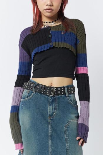 sexy slight stretch color-block knitted all-match crop sweater(only sweater)