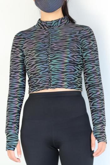 exquisite plus size slight stretch zebra stripe reflective zip-up crop jacket