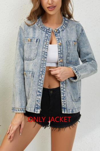 casual non-stretch washed denim crew neck button jacket