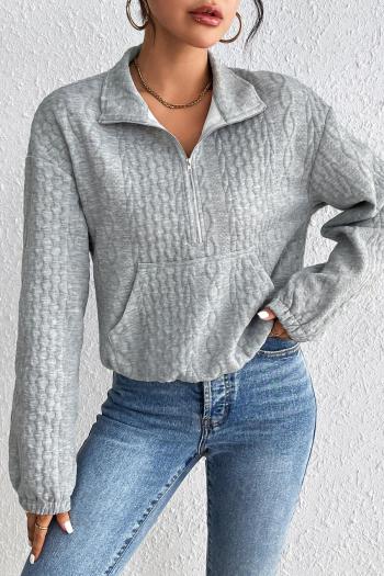 casual slight stretch solid color zip-up pocket long sleeve sweatshirt