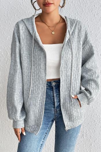 casual non-stretch solid color zip-up hooded loose sweatshirt