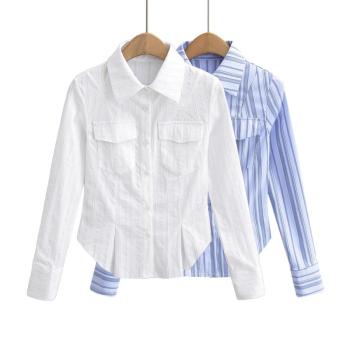 casual non-stretch stripe batch printing single breasted blouse size run small