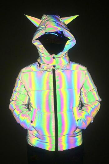 stylish non-stretch colorful reflective hooded ox horn design warm puffer jacket