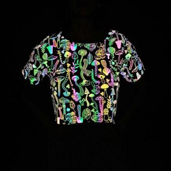 XS-2XL exquisite plus size slight stretch mushroom reflective short sleeve top