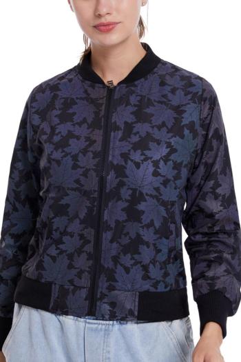 stylish plus size slight stretch maple leaf reflective zip-up all-match jacket