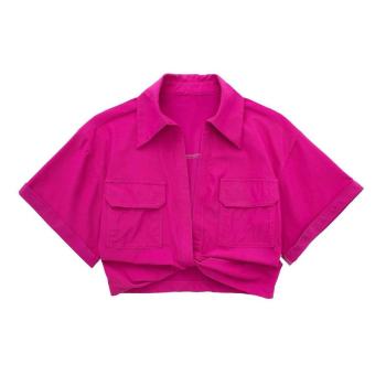 exquisite non-stretch 6 colors solid color lapel crop blouses