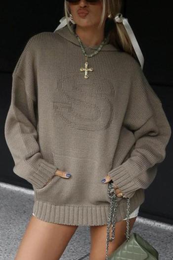 casual slight stretch knitted letter jacquard hooded loose sweater(only sweater)