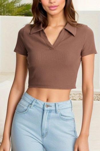 stretch solid color short sleeve stretch ribbed knit crop t-shirt