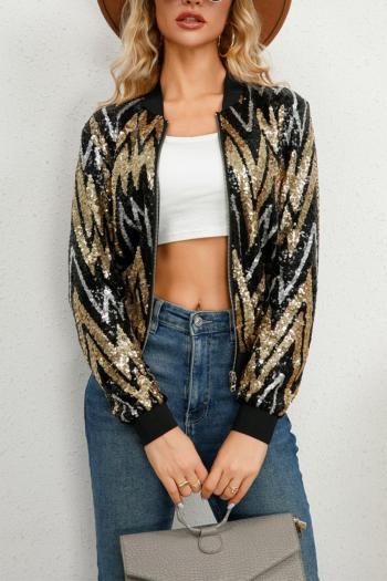 stylish non-stretch wavy lines sequins zip-up all-match jacket