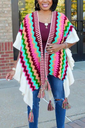 plus size stylish geometric printing tassel knitting crochet cardigan cloak