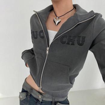 stylish zip-up letter slight stretch loose all-match casual jacket