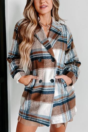 casual plus size non-stretch plaid printing double breasted woolen jacket
