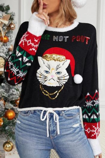 christmas stylish slight stretch cat graphic sequin embroidery knitted sweater