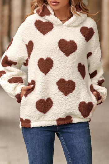 casual plus size slight stretch teddy fleece heart printing hooded sweatshirt