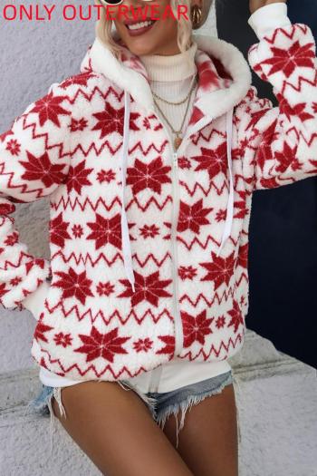 christmas casual slight stretch teddy fleece snowflake printing hooded outerwear