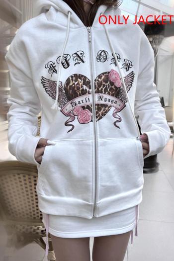 stylish slight stretch leopard heart flower printing zip-up hooded casual jacket
