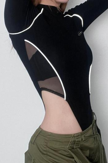 sexy stitching mesh see through metal label zip-up slight stretch bodysuit