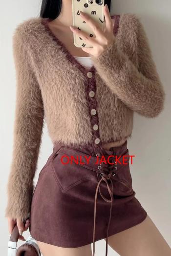 faux mink fur contrast color single-breasted knitted sweater size run small