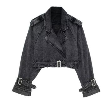 xs-l stylish non-stretch denim belt design all-match crop jacket