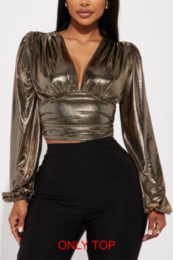 sexy plus size non-stretch solid color slim holographic v-neck top