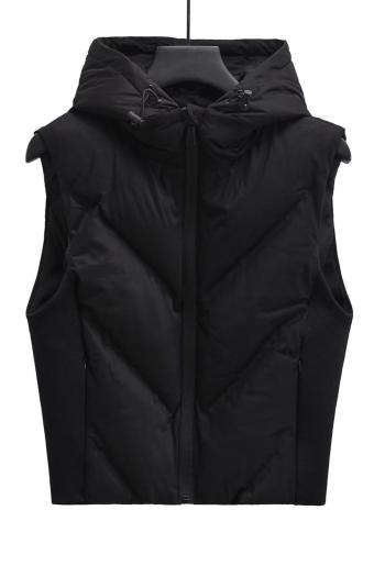 xs-l stylish non-stretch pure color hooded zip-up all-match puffer jacket vest