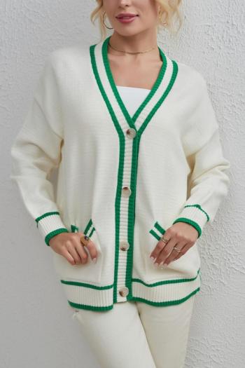 casual slight stretch contrast color ribbed knit v-neck button sweaters