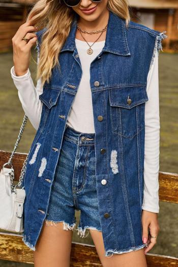 casual non-stretch solid color loose hole sleeveless denim vest