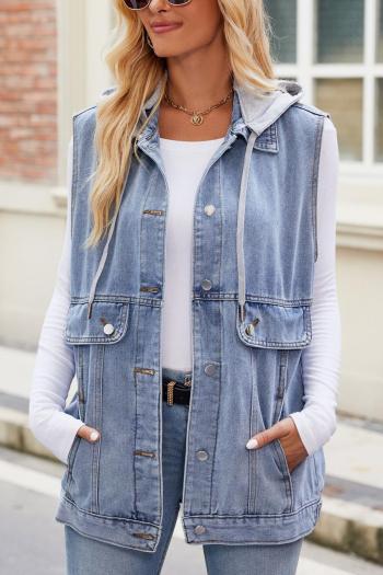 casual non-stretch solid color loose sleeveless removable hat denim vest