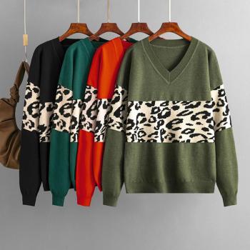 casual slight stretch contrast leopard printing v-neck sweaters