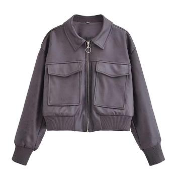 solid color non-stretch zip-up pu leather pockets casual jacket size run small