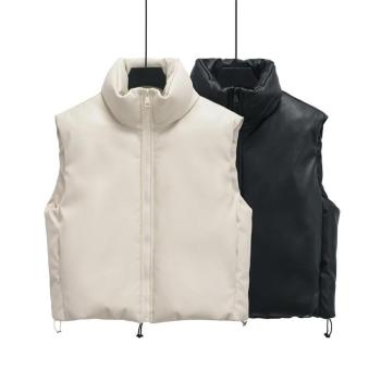 xs-l pu leather non-stretch zip-up drawstring warm puffer vest size run small