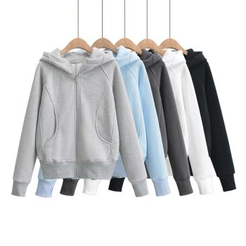 casual slight stretch 5 colors zip-up hooded warm sweatshirt(size run small)