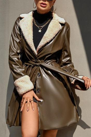 stylish non-stretch pu berber fleece belt single-breasted mid-length coat