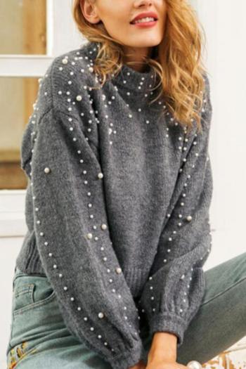 stylish slight stretch knitted pearl decor all-match sweater