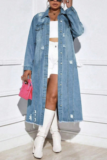 stylish plus size non-stretch denim single-breasted hole long jacket
