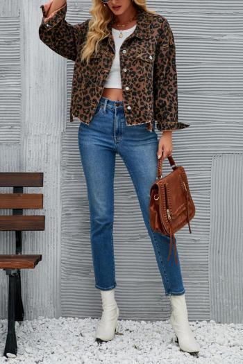 Casual non-stretch leopard printing single-breasted denim jacket