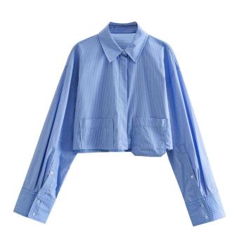 casual non-stretch thin stripe printing lapel blouses