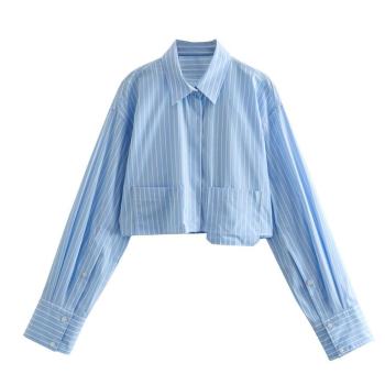 casual non-stretch stripe pattern printing lapel blouses