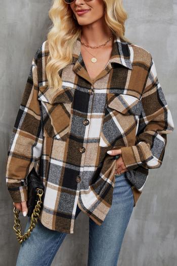 casual non-stretch plaid long sleeves pockets loose jacket