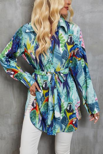 casual non-stretch parrot batch printing slit lace-up with belt blouses