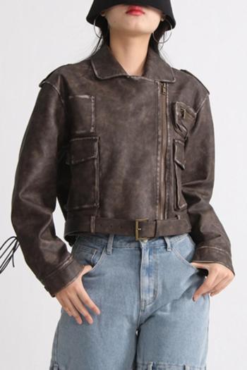 stylish cool non-stretch pu leather zip-up belt design eyelet lace-up jacket